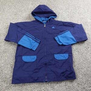 VTG Adidas Jacket Womens M Blue Hooded Track Windbreaker Full Zip Coat 90s Y2K